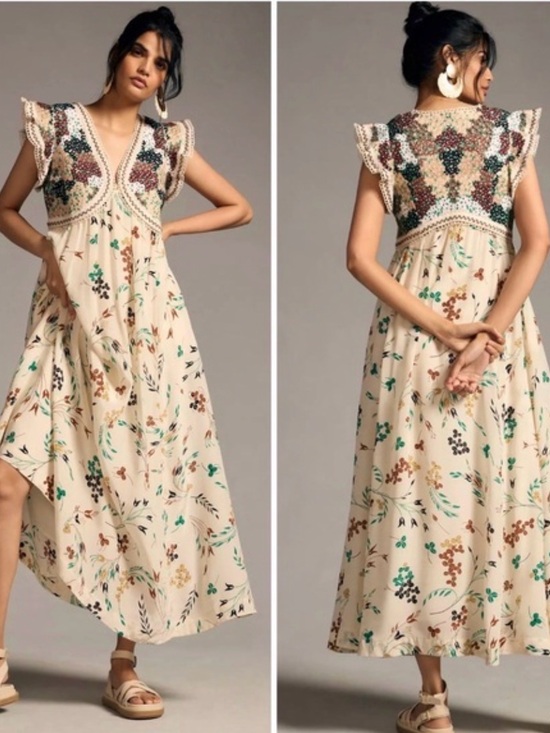 Anthropologie Dresses & Skirts - Anthropologie Cream Floral Maxi Dress with Embroidered Yoke and Pockets